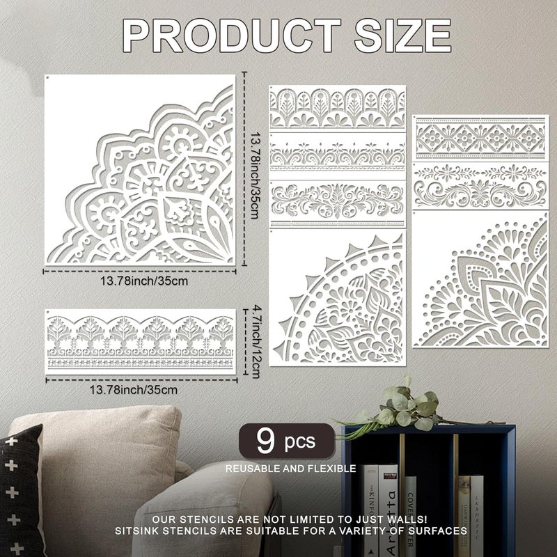 Sitsink Mandala Stencils for Crafts Reusable - 9 Pcs Border Stencils for Wall Decor Large Mandala Pattern Template Home Decor Furniture Rug Table Painting - Image 4